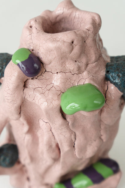 Foam #3 by Onree: Pink ceramic vessel with a folded surface and green and purple accents — additional view 1
