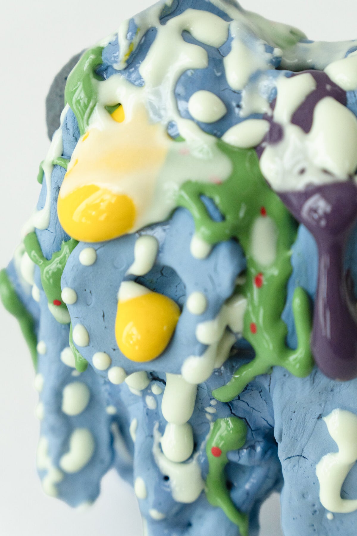 Foam #4 by Onree: Tall blue ceramic form with green and white surface details and bright yellow accents — additional view 2