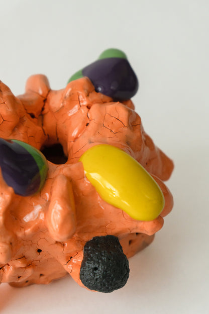 Foam #7 by Onree: Compact orange ceramic form with dark textured projections and yellow accents — additional view 1
