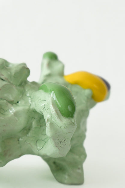 Foam #8 by Onree: Low pale green ceramic form with orange, yellow and dark accents — additional view 1