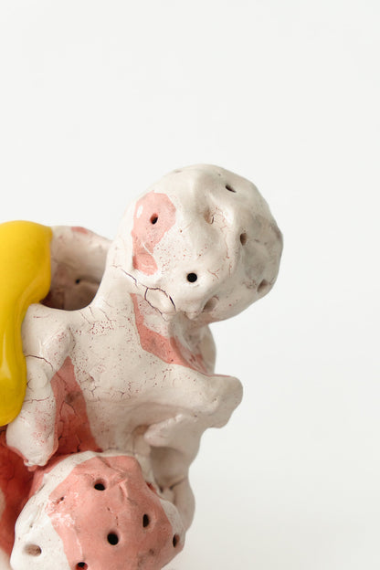 Foam #10 by Onree: Pink and cream ceramic form with small openings and a yellow-and-green accent — additional view 2