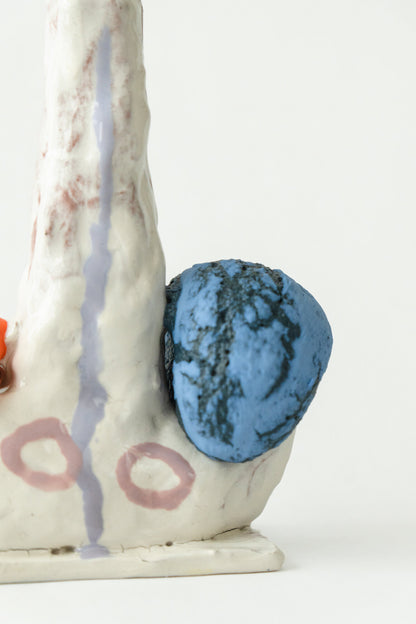 Foam #11 by Onree: Cream ceramic spire with pink circles, an orange-and-yellow striped detail, and a blue disc — additional view 2