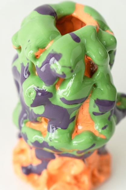 Foam #14 by Onree: Upright green and purple ceramic form on an orange base — additional view 1