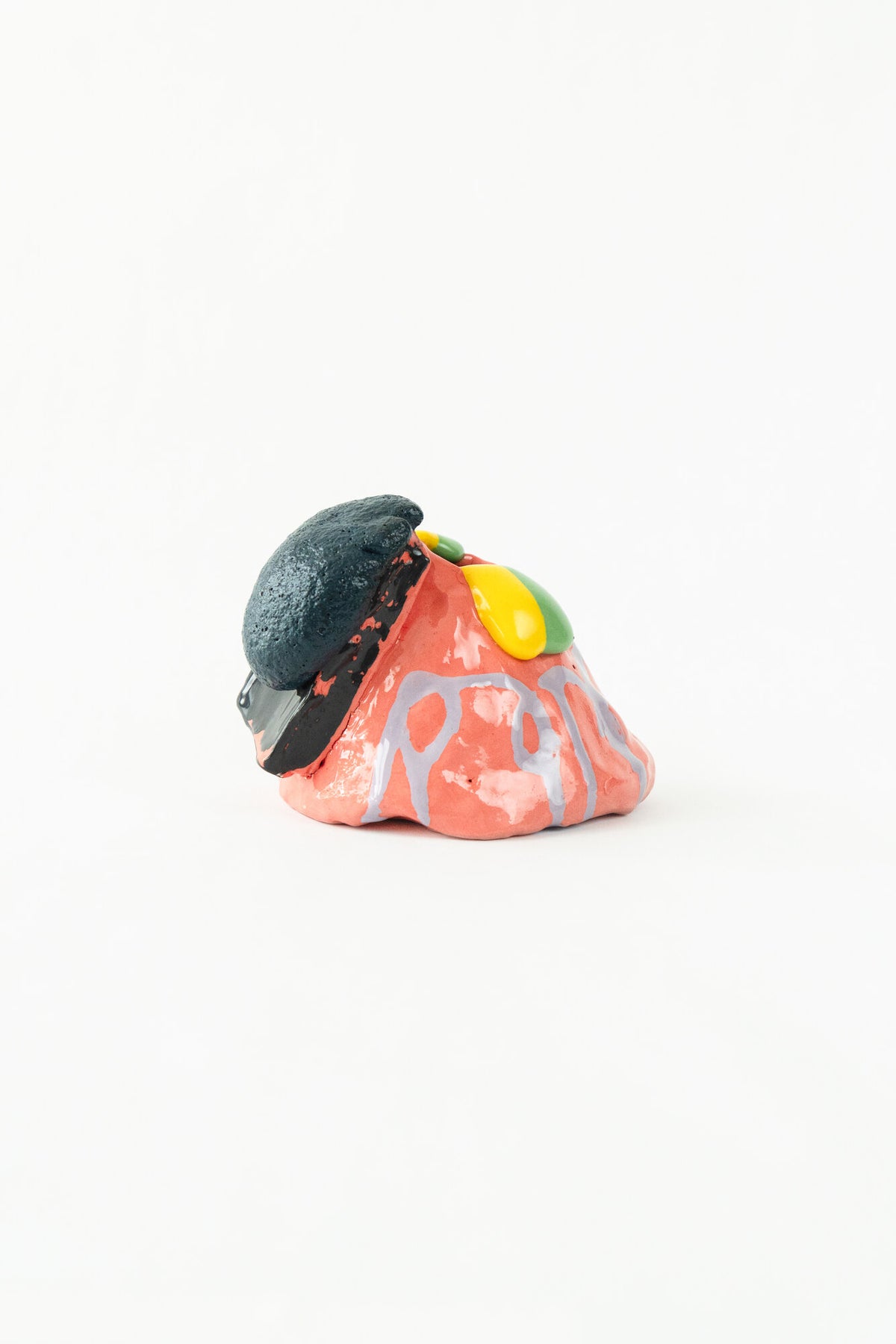 Foam #18 by Onree: Coral ceramic vessel with lavender marks, a dark textured detail and yellow and green glaze — full view
