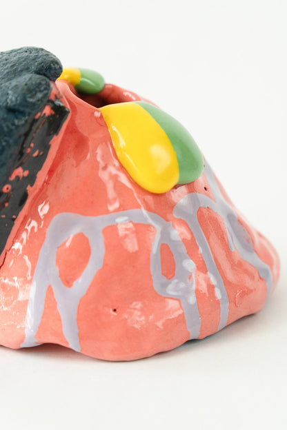 Foam #18 by Onree: Coral ceramic vessel with lavender marks, a dark textured detail and yellow and green glaze — additional view 2
