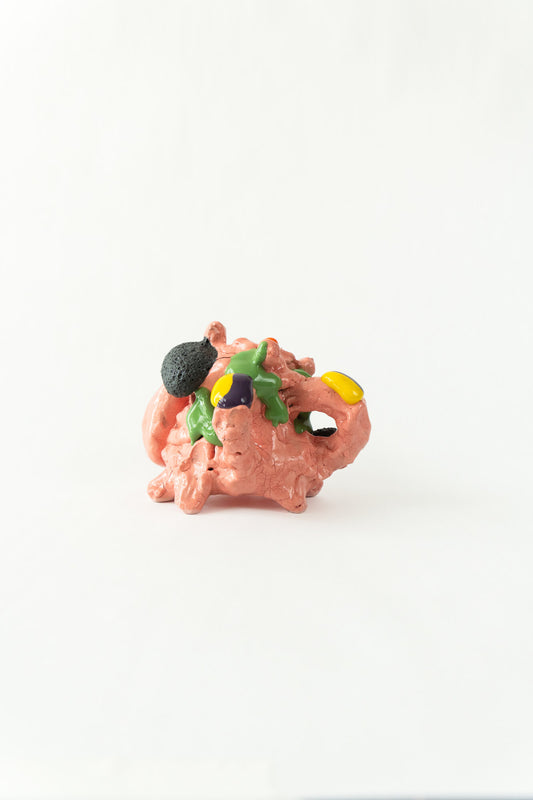 Foam #21 by Onree: Branching pink ceramic form with multiple openings and colourful glazed details — full view