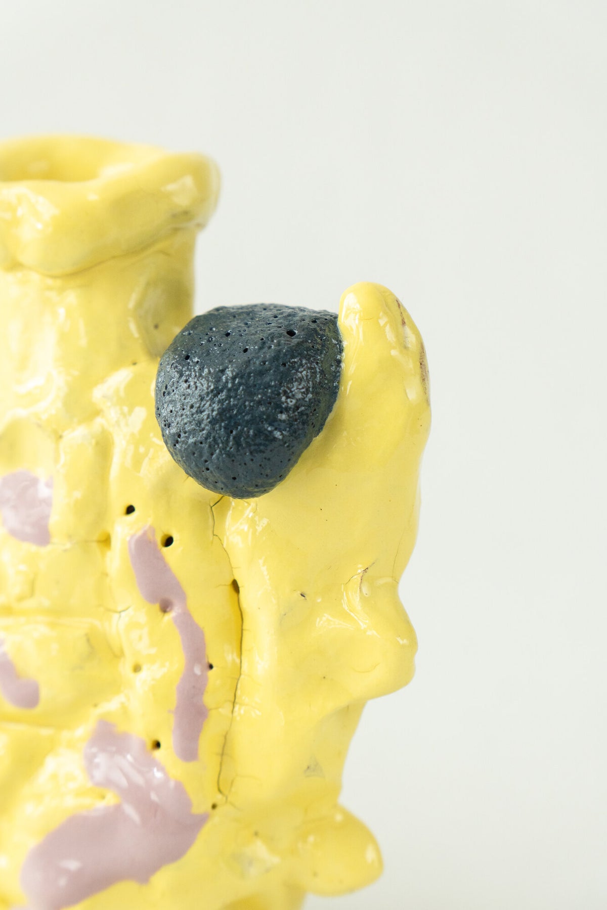 Foam #22 by Onree: Upright yellow ceramic vessel with lavender marks and contrasting raised details — additional view 2