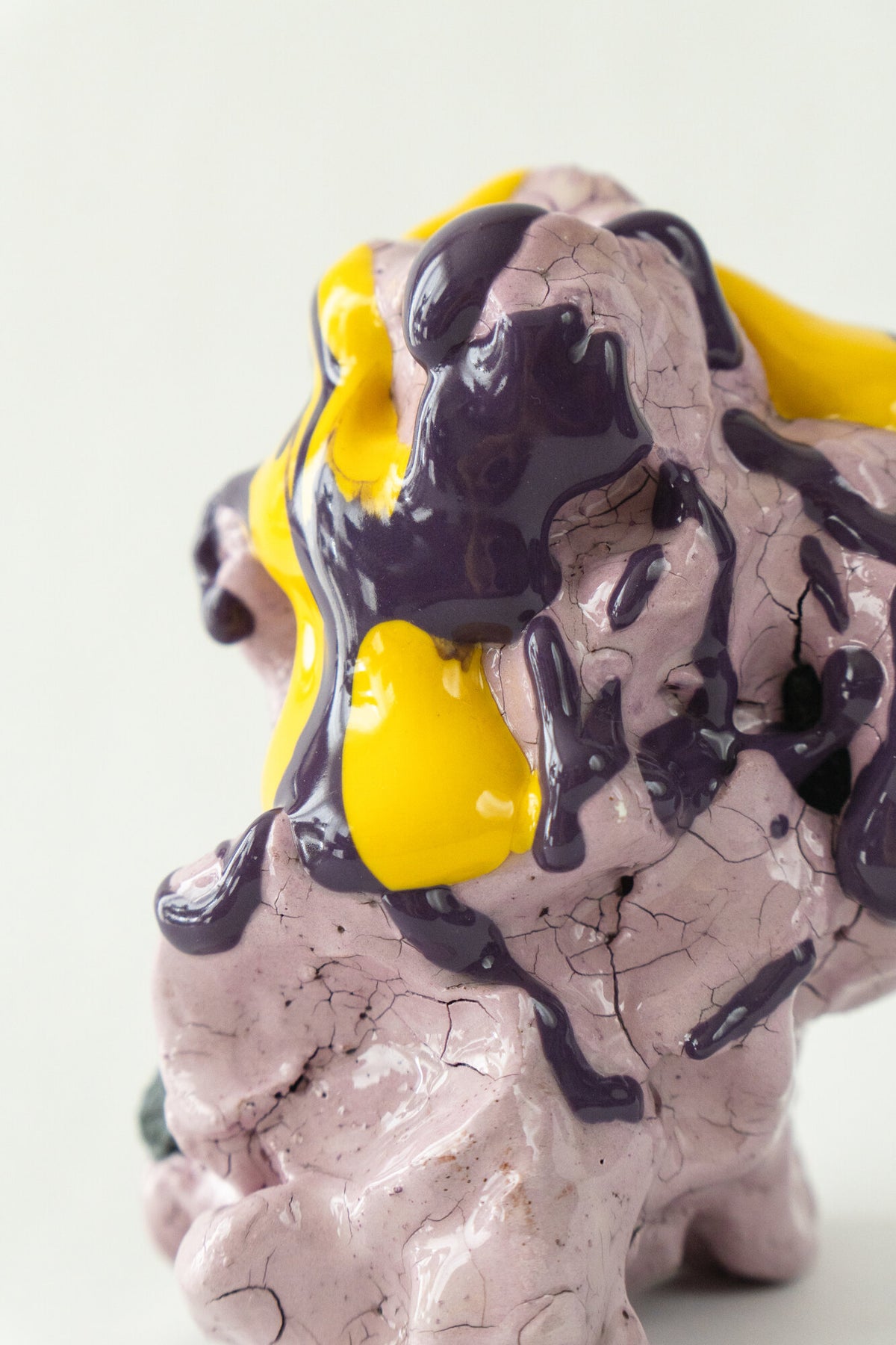 Foam #26 by Onree: Pale lavender ceramic form with yellow and purple glaze and dark textured additions — additional view 1