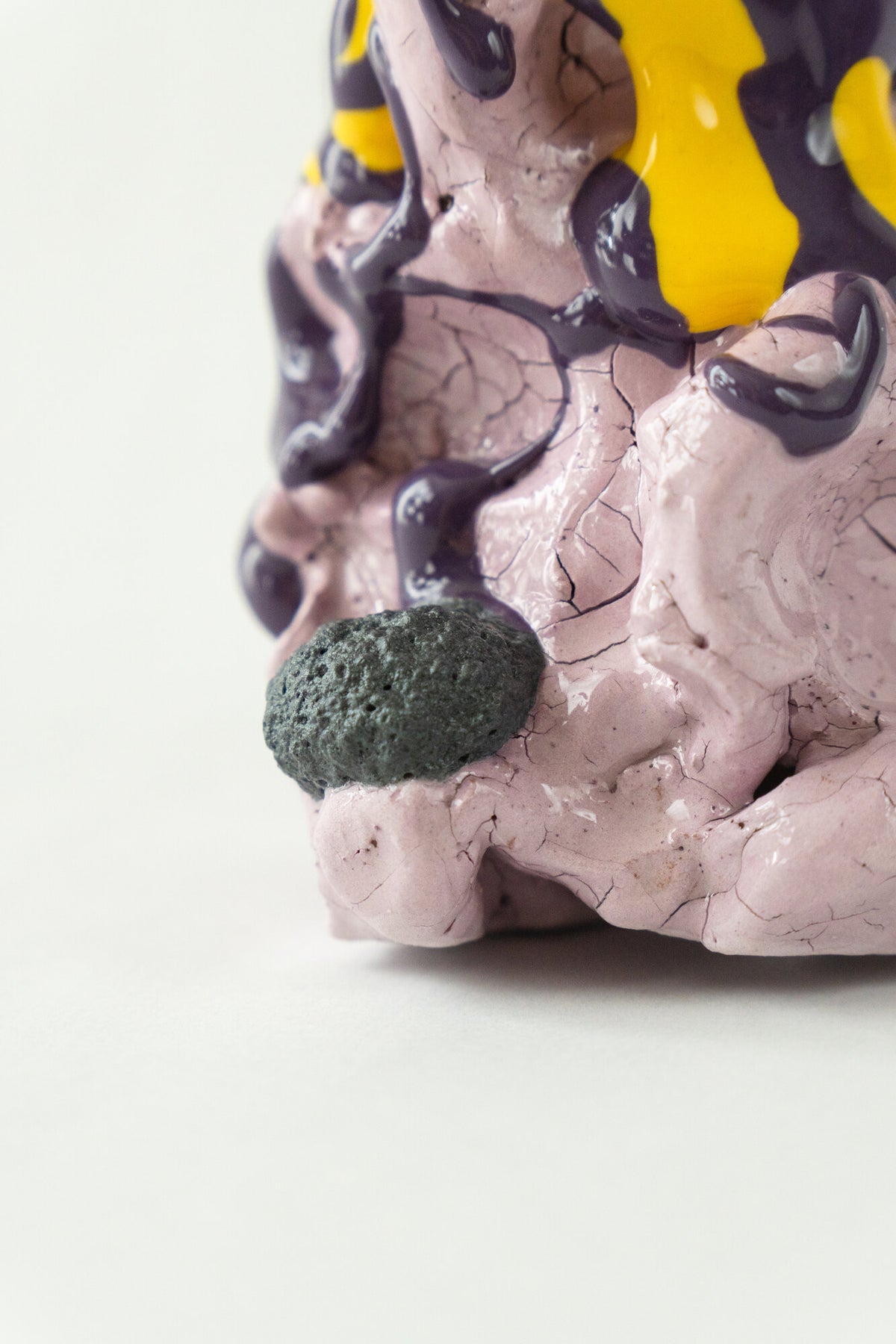 Foam #26 by Onree: Pale lavender ceramic form with yellow and purple glaze and dark textured additions — additional view 2