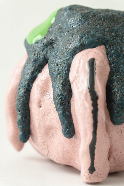 Foam #30 by Onree: Rounded pink ceramic vessel with a dark textured surface and long pink strips — additional view 3