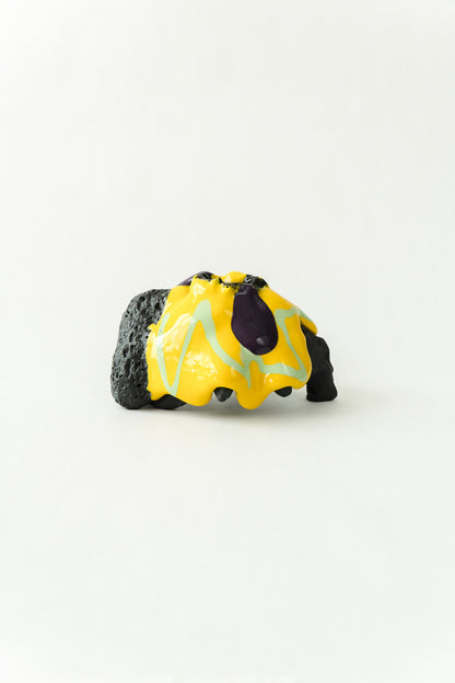 Foam #31 by Onree: Low black ceramic form with yellow, pale green and purple glaze — additional view 1
