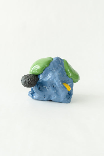 Foam #33 by Onree: Compact blue ceramic form with green glaze, a yellow accent and a dark textured projection — additional view 2